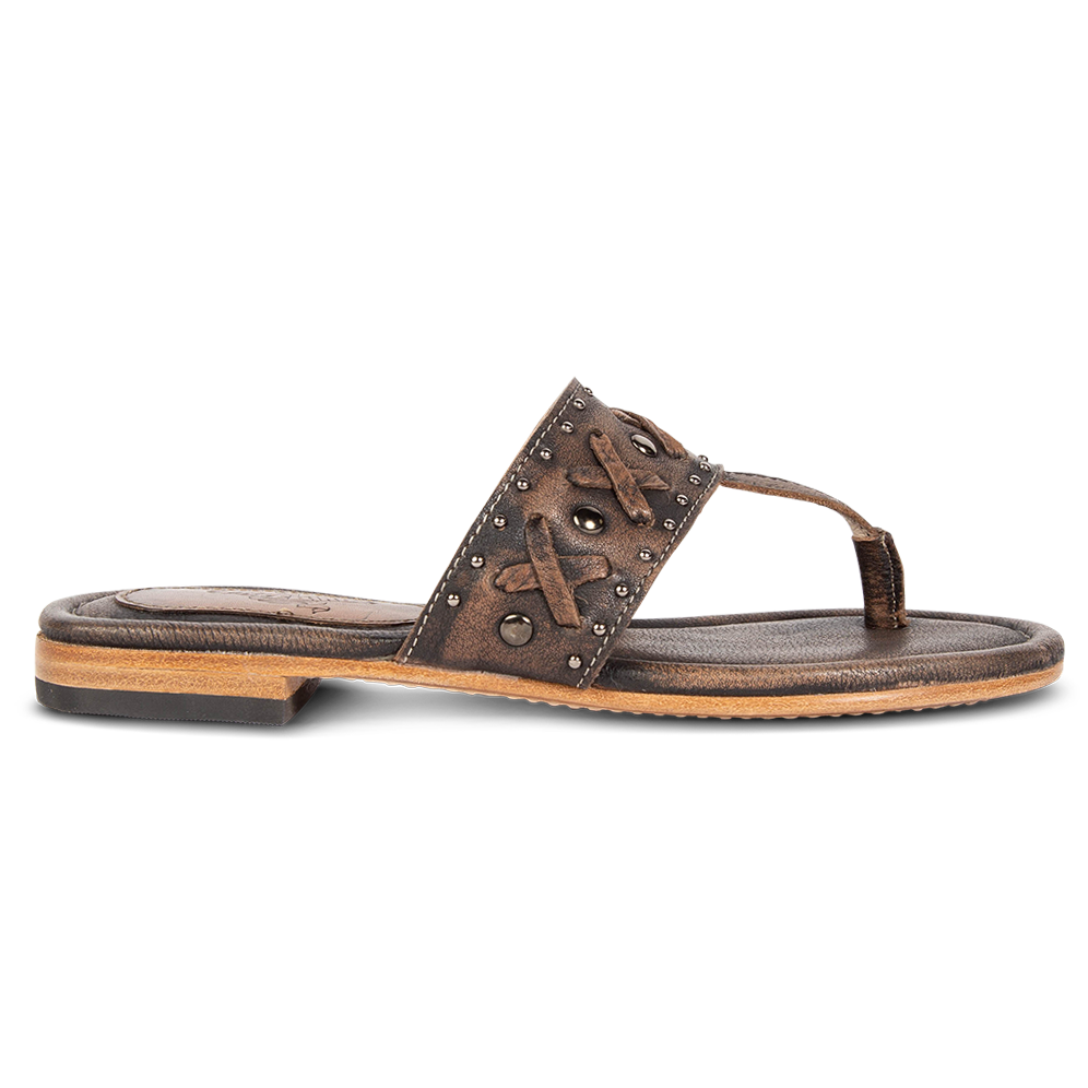 FREEBIRD women's Shay black low heeled slip on sandal featuring woven leather foot strap with stud embellishments