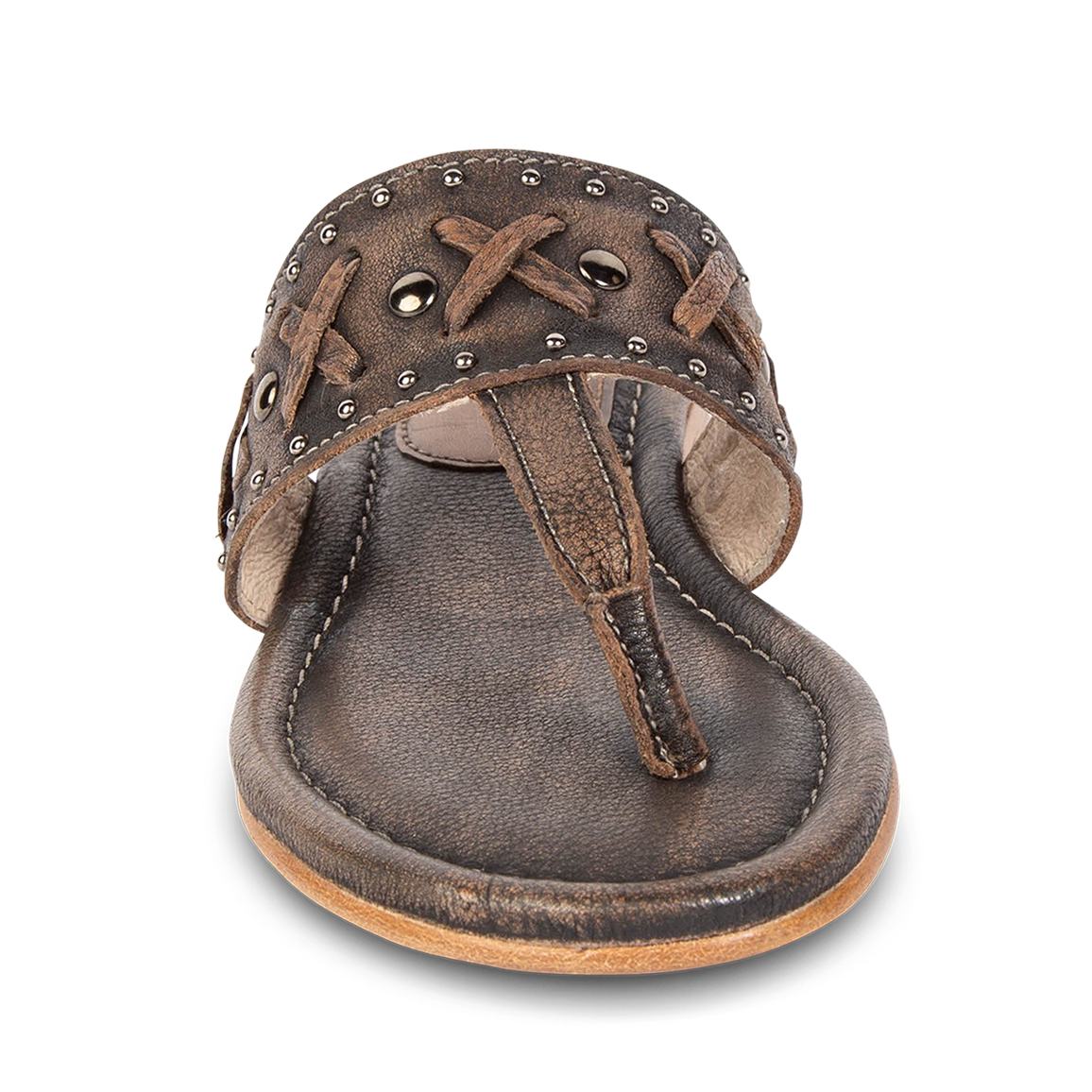 Front view showing FREEBIRD woven leather embellished foot strap on women's Shay black low heeled sandal
