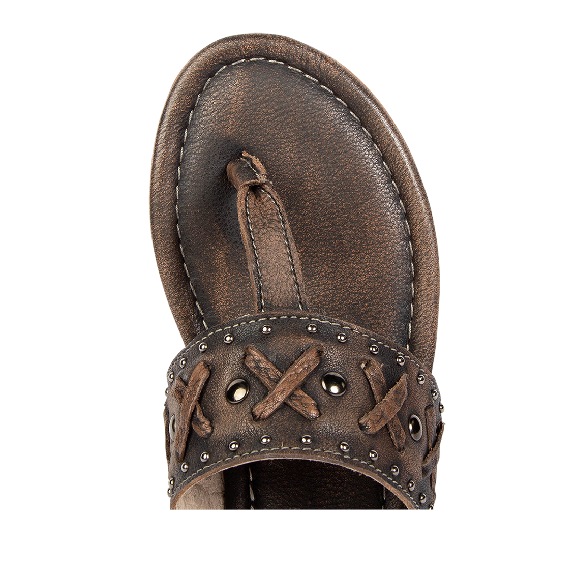 Top view showing woven leather embellished foot strap on FREEBIRD women's Shay black low heeled sandal