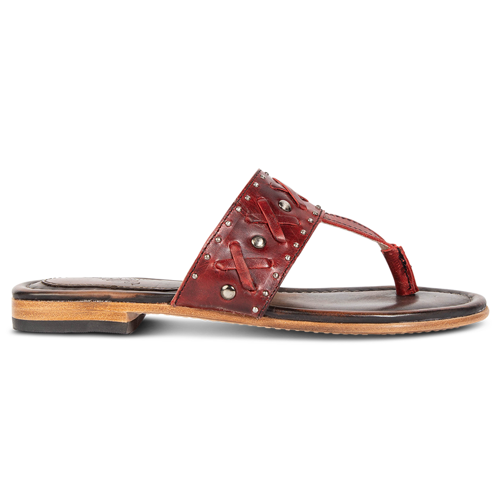FREEBIRD women's Shay red low heeled slip on sandal featuring woven leather foot strap with stud embellishments
