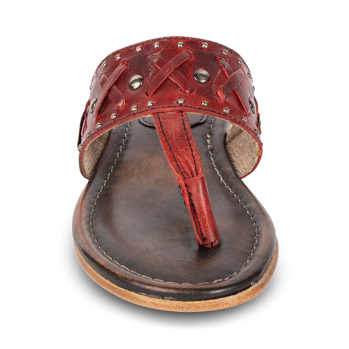Front view showing FREEBIRD woven leather embellished foot strap on women's Shay red low heeled sandal