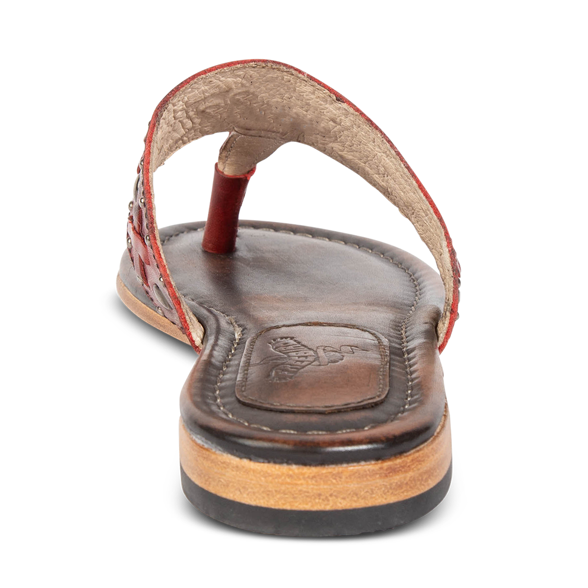 Back view showing low heel FREEBIRD on women's Shay red slip on sandal