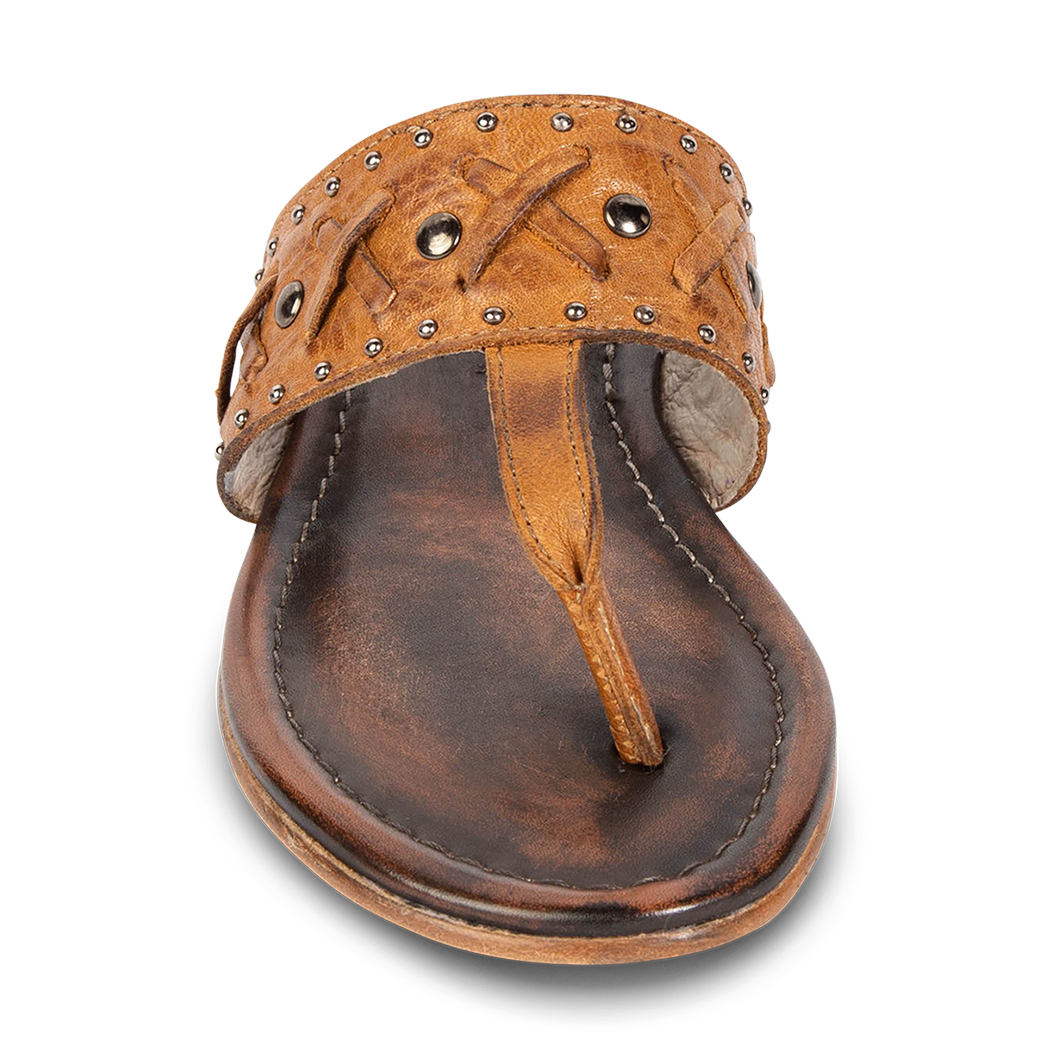 Front view showing FREEBIRD woven leather embellished foot strap on women's Shay wheat low heeled sandal