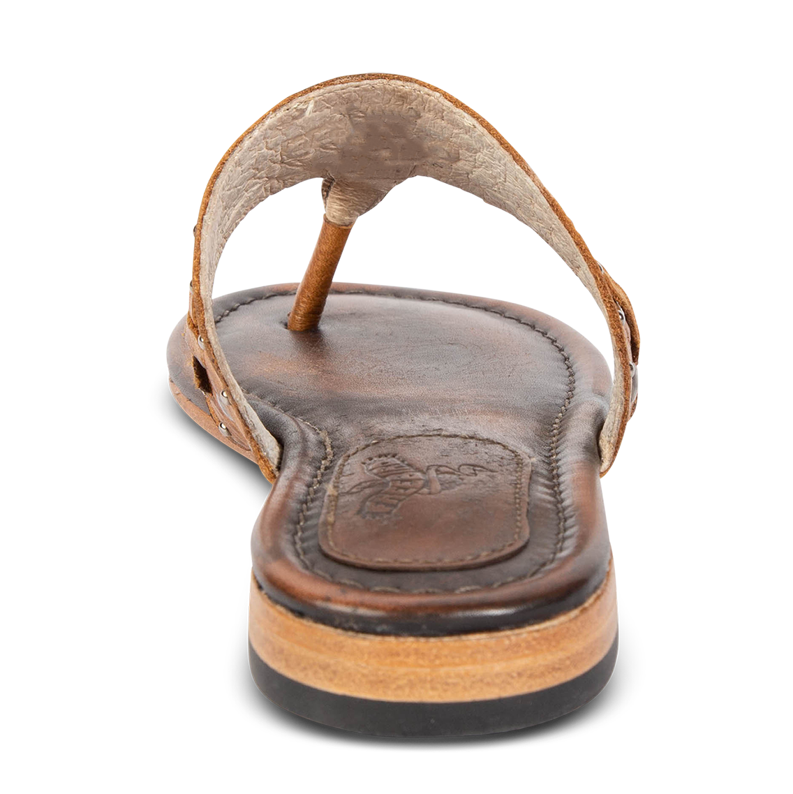 Back view showing low heel FREEBIRD on women's Shay wheat slip on sandal