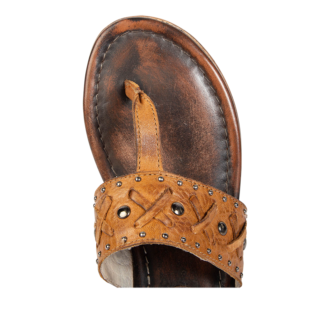 Top view showing woven leather embellished foot strap on FREEBIRD women's Shay wheat low heeled sandal