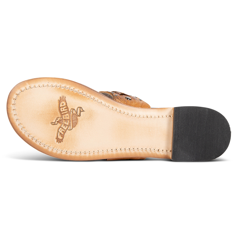 Leather sole on FREEBIRD women's Shay wheat low heeled sandal