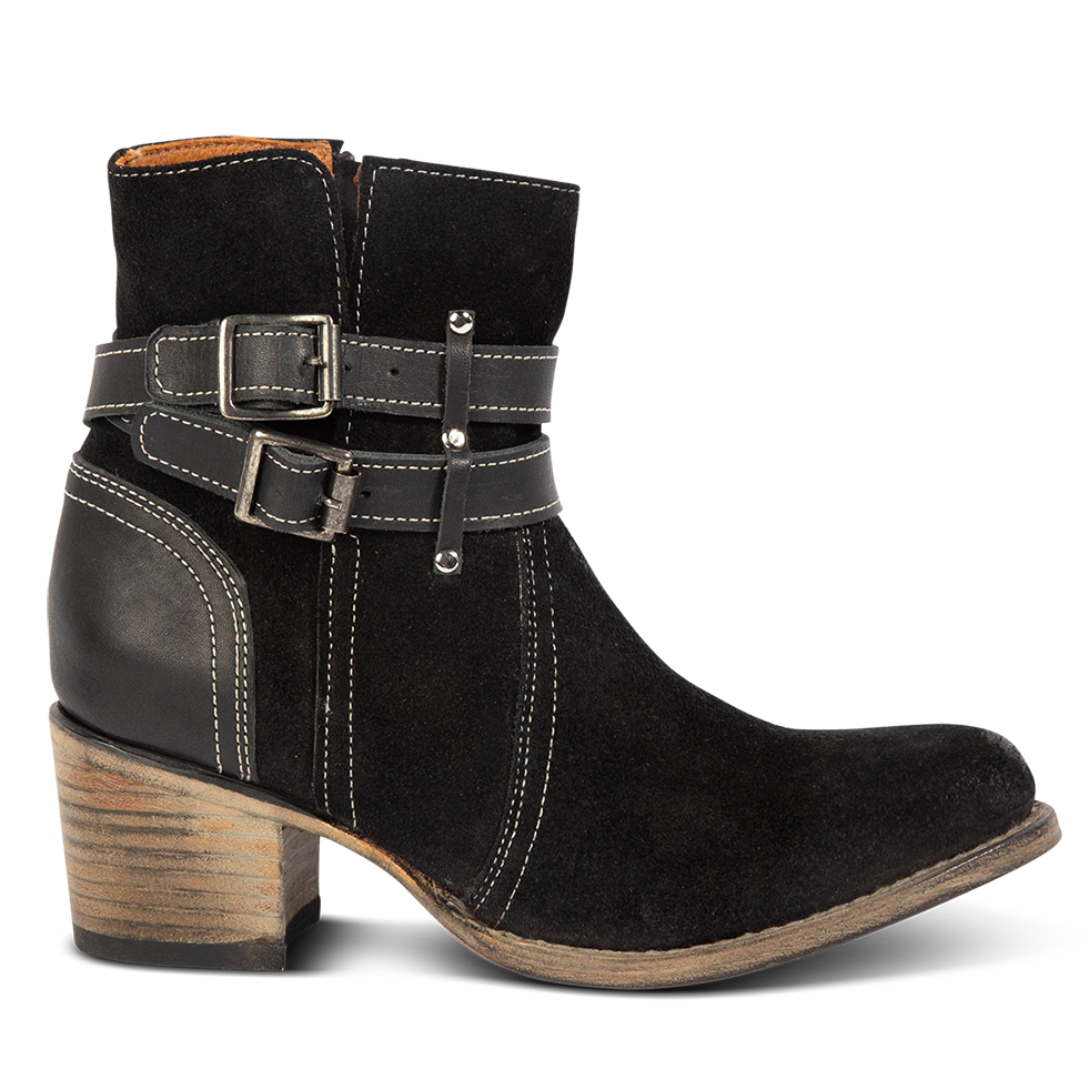 FREEBIRD women's Shiloh black suede leather ankle bootie with inside zip closure and two buckle straps