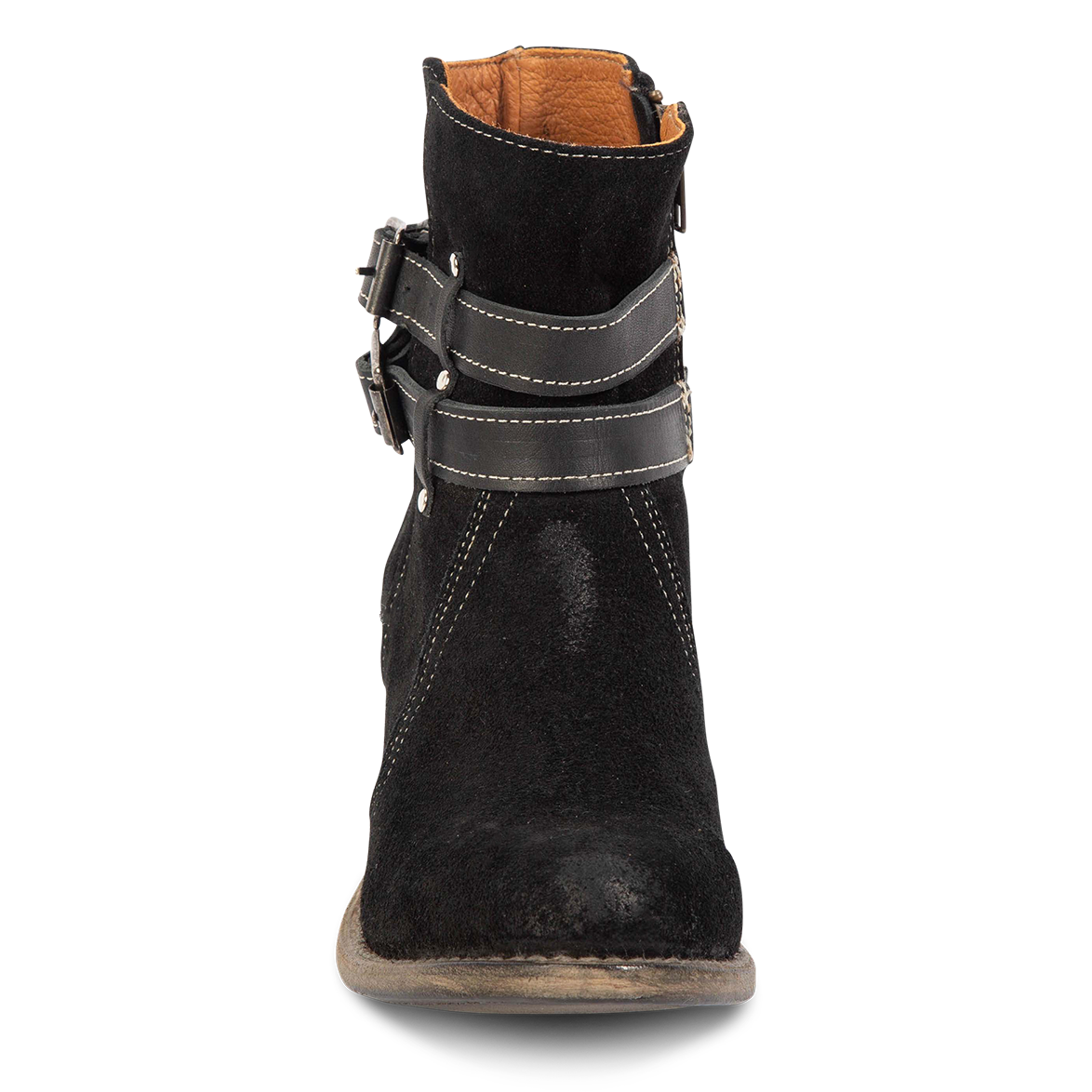 Front view showing contrast stitching on FREEBIRD women's Shiloh black suede leather ankle bootie