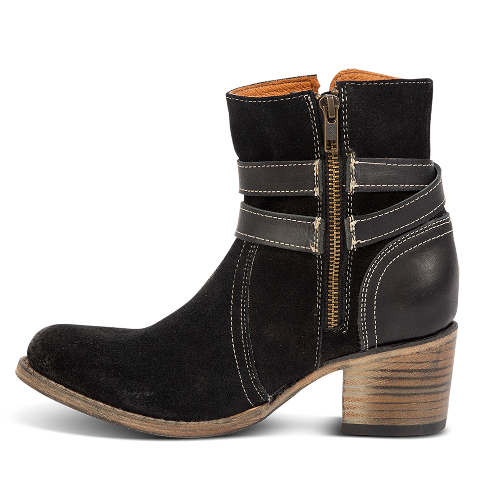 Inside view showing zip zlosure on FREEBIRD women's Shiloh black suede leather ankle bootie