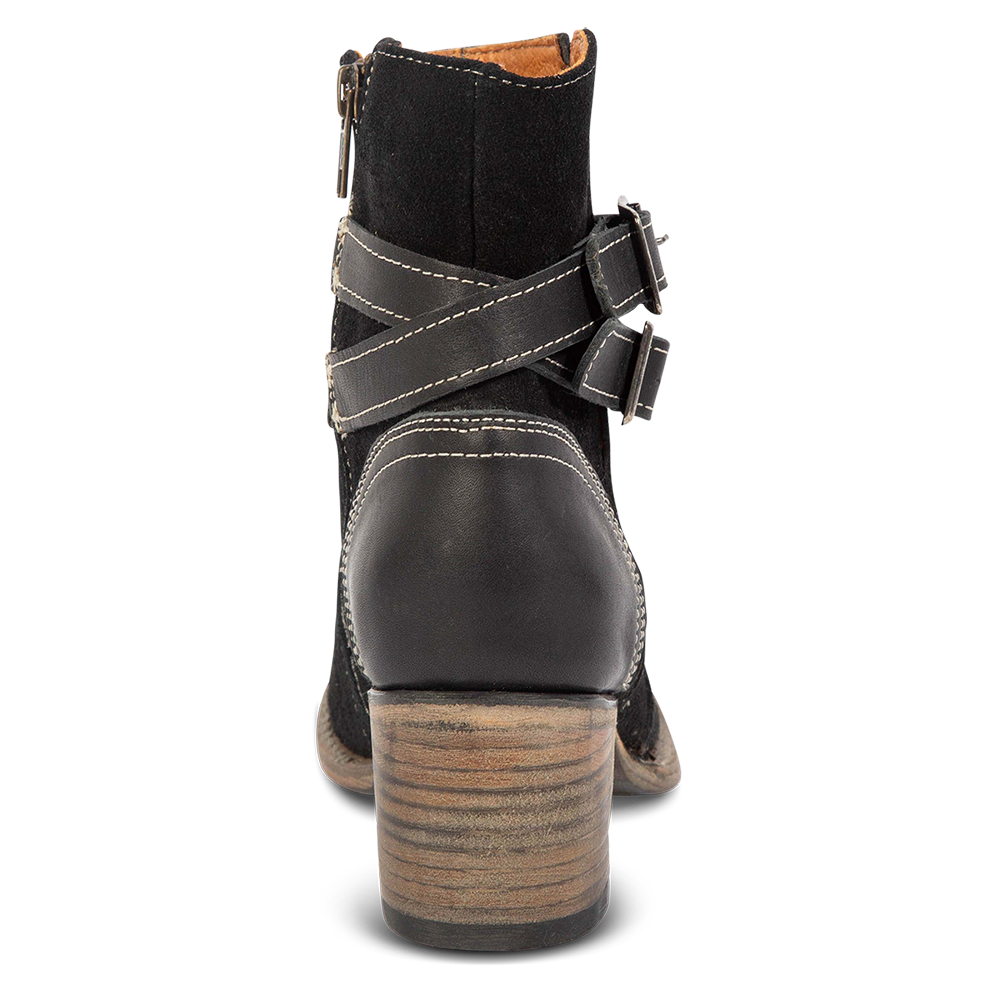 Back view showing block heel on FREEBIRD women's Shiloh black suede leather ankle bootie