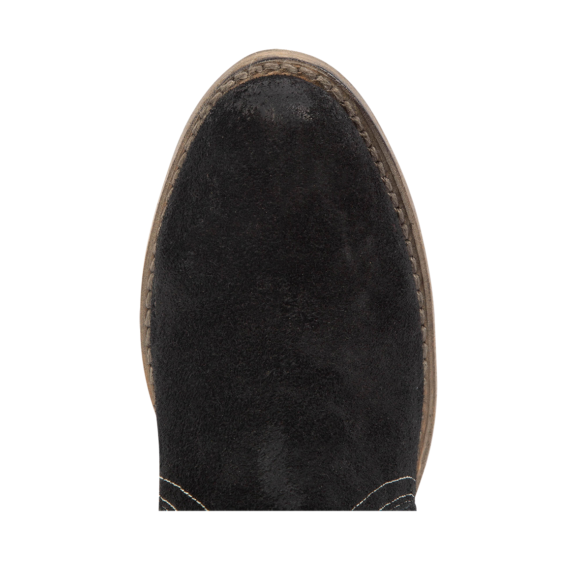 Top view showing almond shoe toe on FREEBIRD women's Shiloh black suede leather ankle bootie