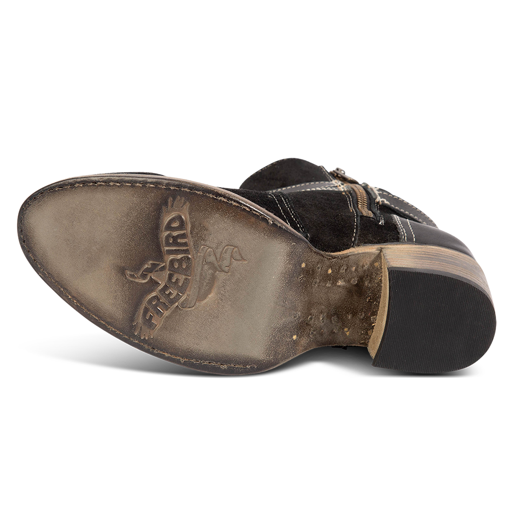 Leather sole imprinted with FREEBIRD on women's Shiloh black suede leather ankle  bootie