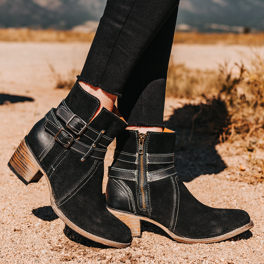 FREEBIRD women's Shiloh black suede leather ankle bootie with inside zip closure and two buckle straps