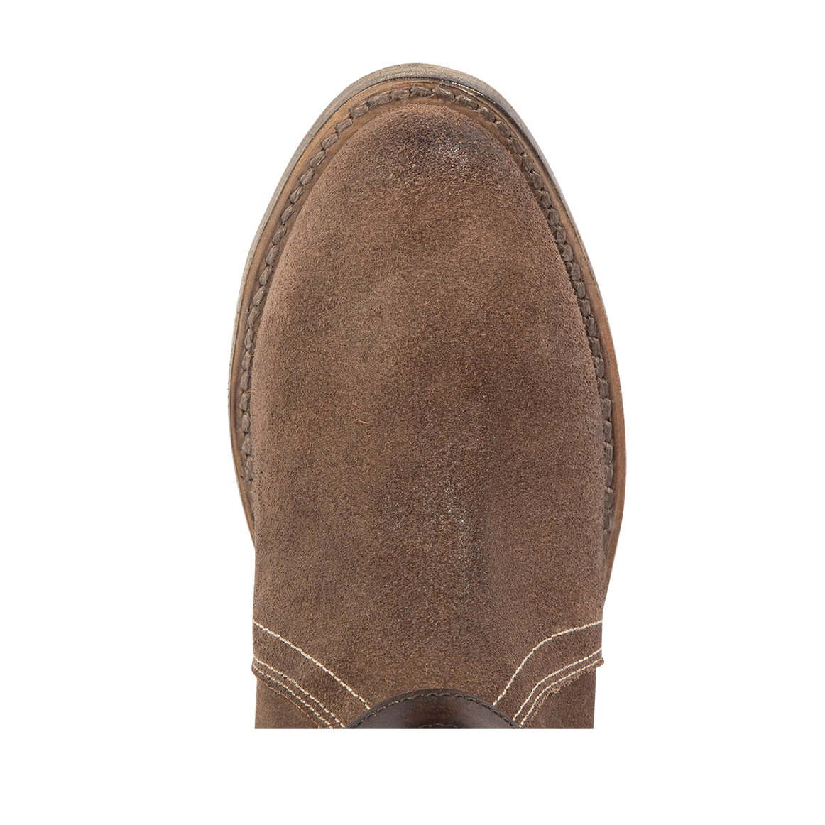 Top view showing almond shoe toe on FREEBIRD women's Shiloh grey suede leather ankle bootie
