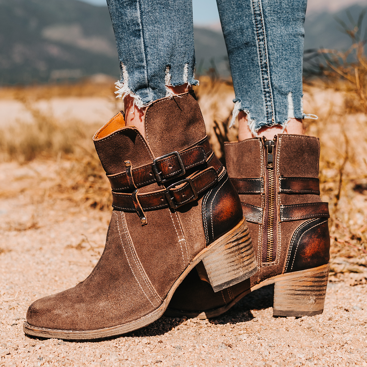 FREEBIRD women's Shiloh grey suede leather ankle bootie with inside zip closure and two buckle straps