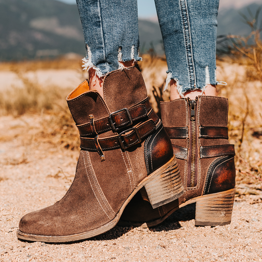 FREEBIRD women's Shiloh grey suede leather ankle bootie with inside zip closure and two buckle straps