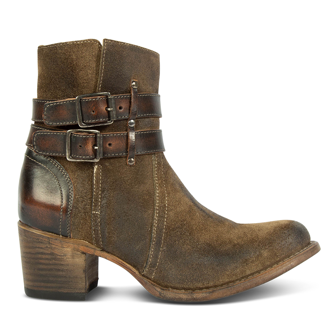 FREEBIRD women's Shiloh olive suede leather ankle bootie with inside zip closure and two buckle straps