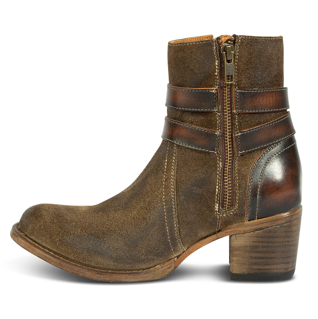 Inside view showing zip zlosure on FREEBIRD women's Shiloh olive suede leather ankle bootie