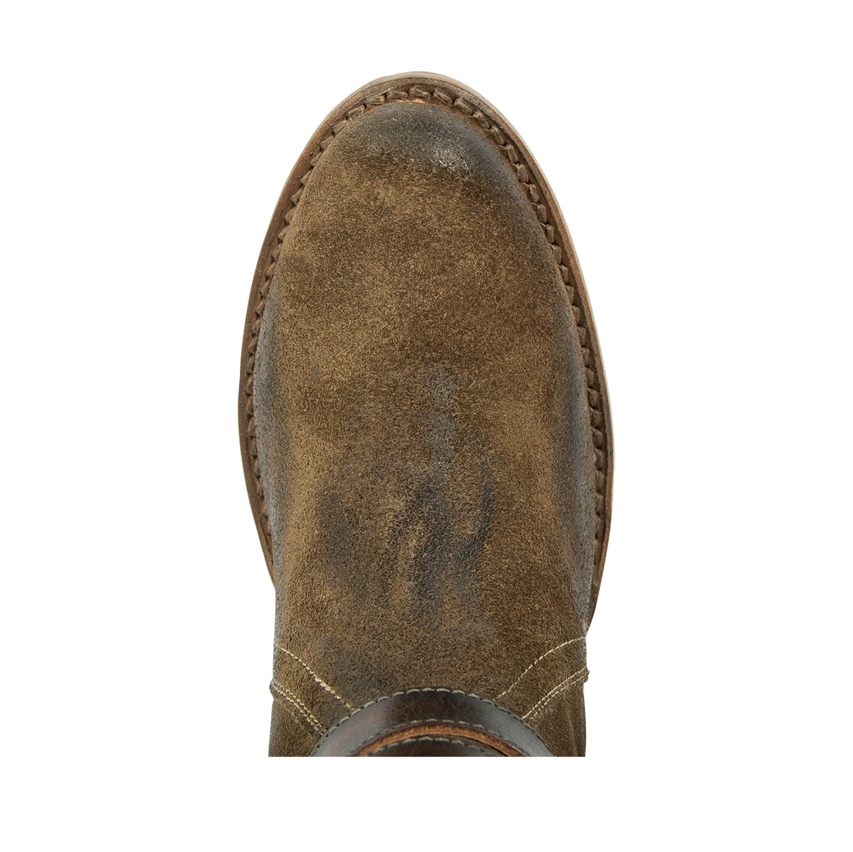 Top view showing almond shoe toe on FREEBIRD women's Shiloh olive suede leather ankle bootie