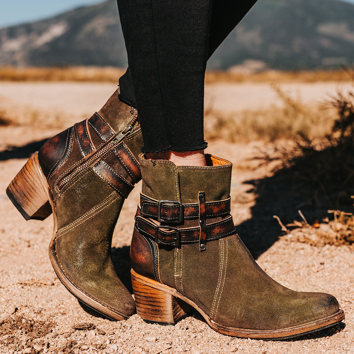 FREEBIRD women's Shiloh olive suede leather ankle bootie with inside zip closure and two buckle straps
