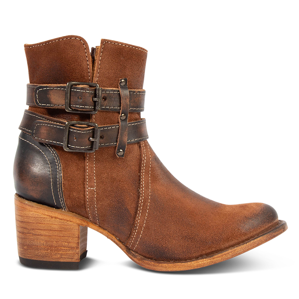 FREEBIRD women's Shiloh whiskey suede leather ankle bootie with inside zip closure and two buckle straps