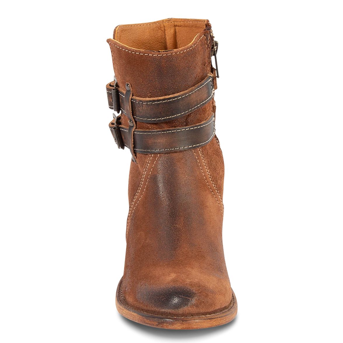 Front view showing contrast stitching on FREEBIRD women's Shiloh whiskey suede leather ankle bootie