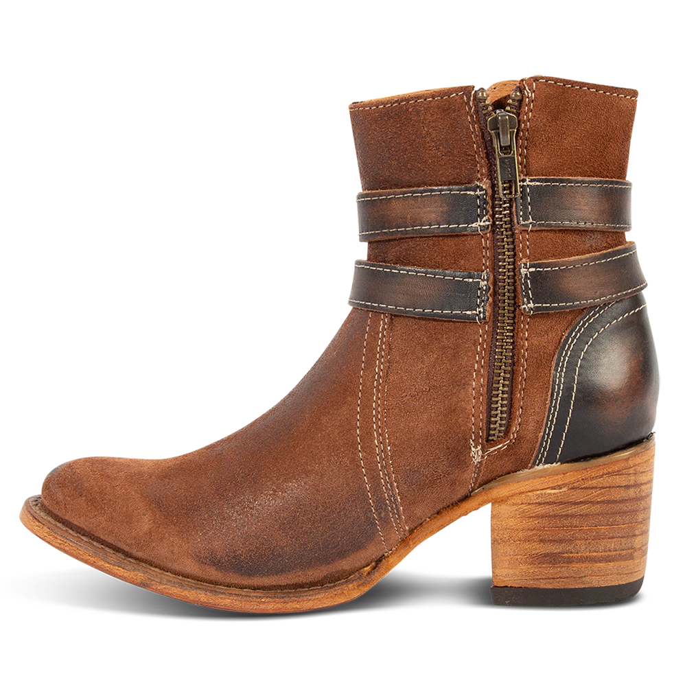 Inside view showing zip zlosure on FREEBIRD women's Shiloh whiskey suede leather ankle bootie