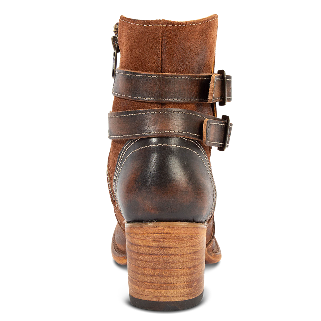 Back view showing block heel on FREEBIRD women's Shiloh whiskey suede leather ankle bootie