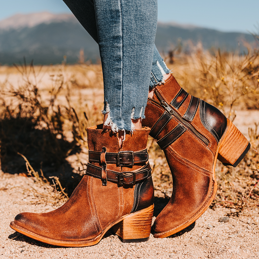 FREEBIRD women's Shiloh whiskey suede leather ankle bootie with inside zip closure and two buckle straps