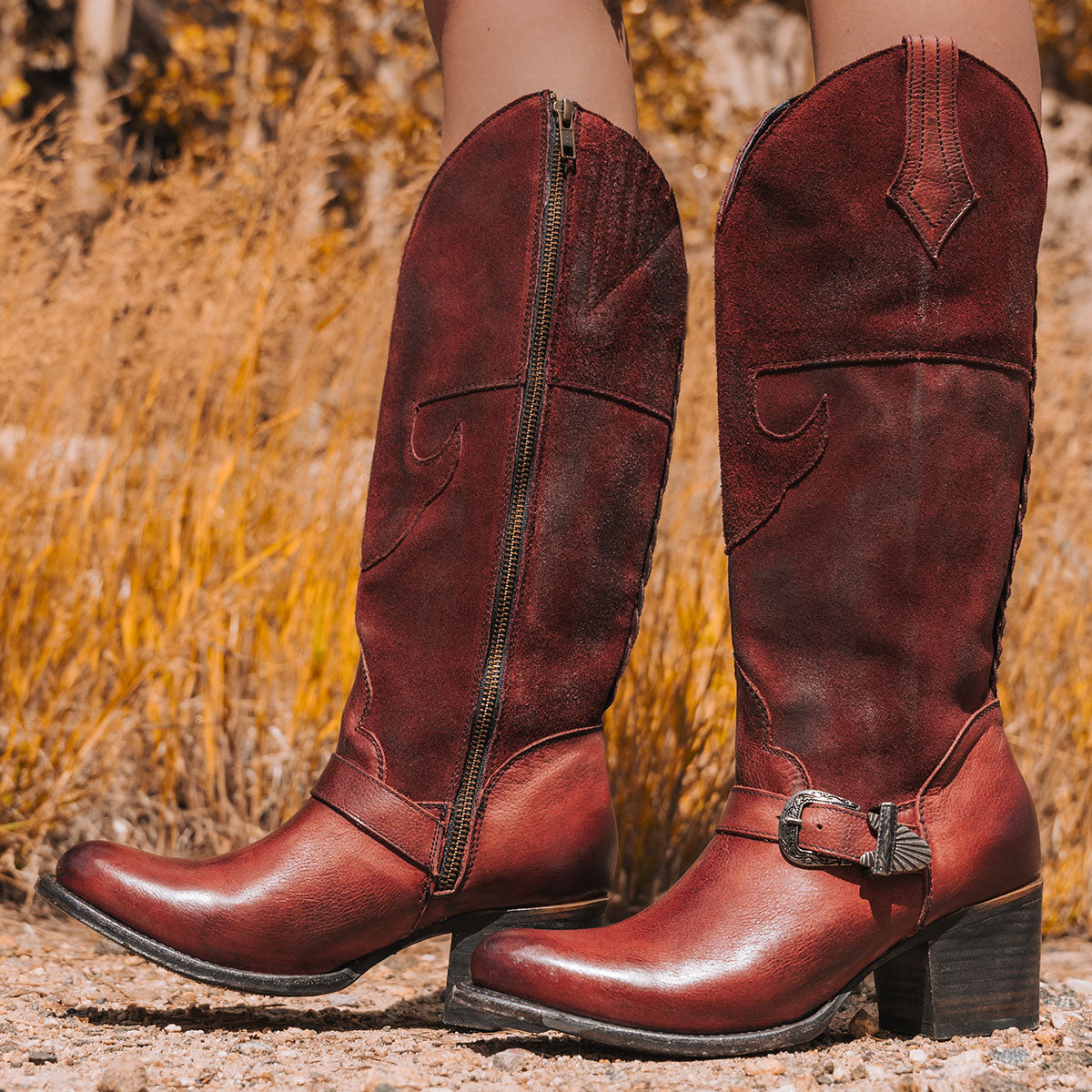 Freebird women's SKYLAR wine solid and suede leather boot with an in-step belt, mid sized heel and full inside brass zipper
