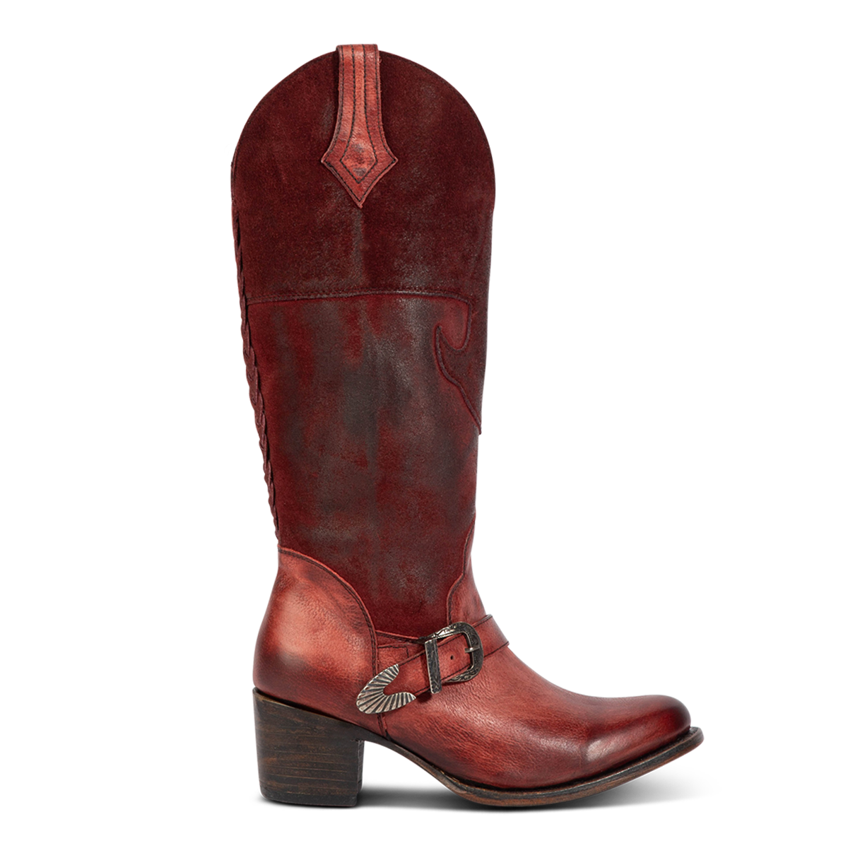 Freebird women's SKYLAR wine solid and suede leather boot with an in-step belt, mid sized heel and full inside brass zipper