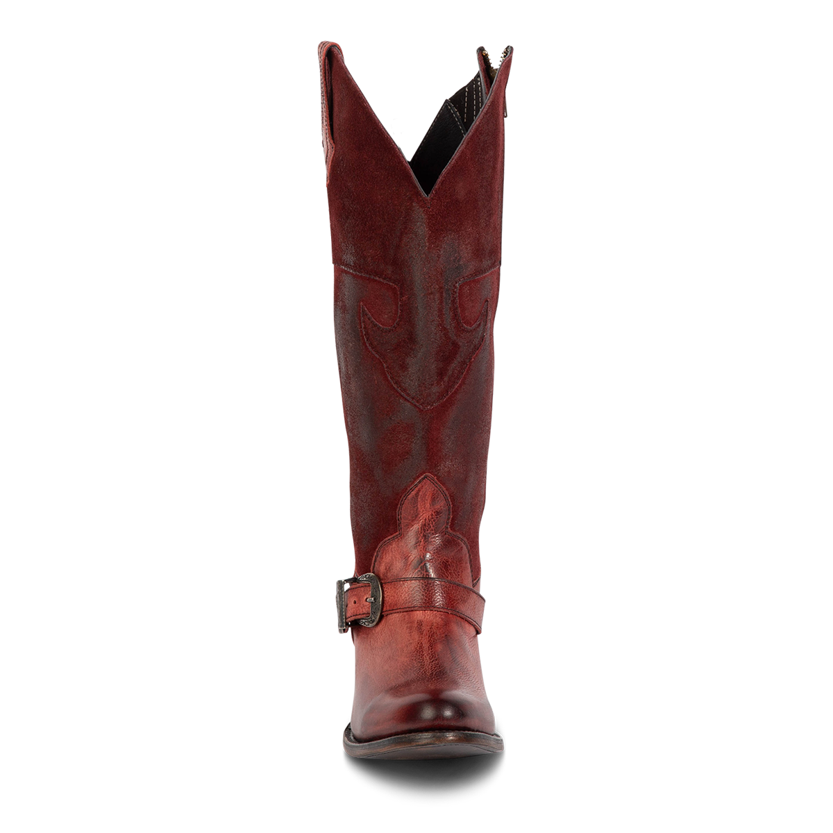 Front view showing Freebird women's SKYLAR wine solid and suede leather boot with an in-step belt and v-cut shaft cutout