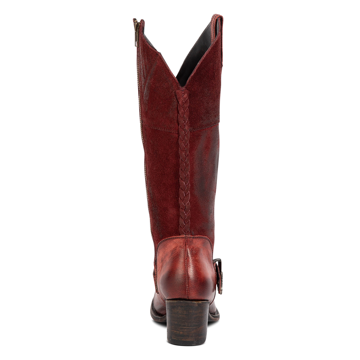 Back view showing Freebird women's SKYLAR wine solid and suede leather boot with a full inside brass zipper and mid sized heel