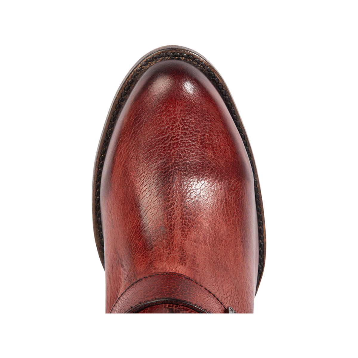 Top view showing almond toe construction on Freebird women's SKYLAR wine solid and suede leather boot 