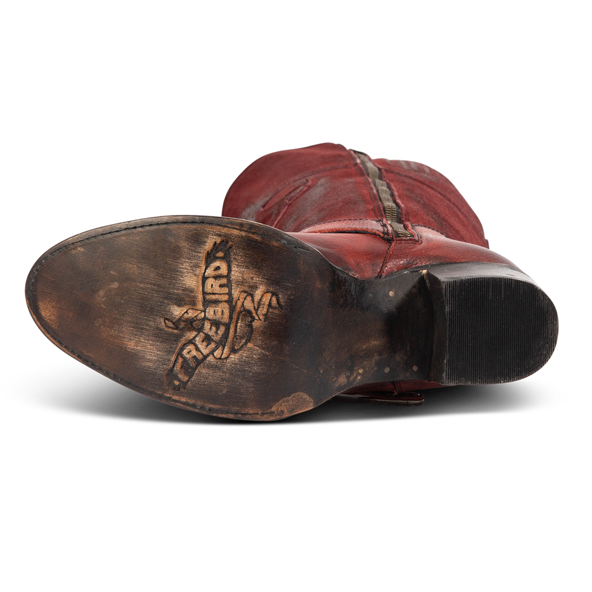 Leather sole imprinted with FREEBIRD on women's SKYLAR wine leather boot 