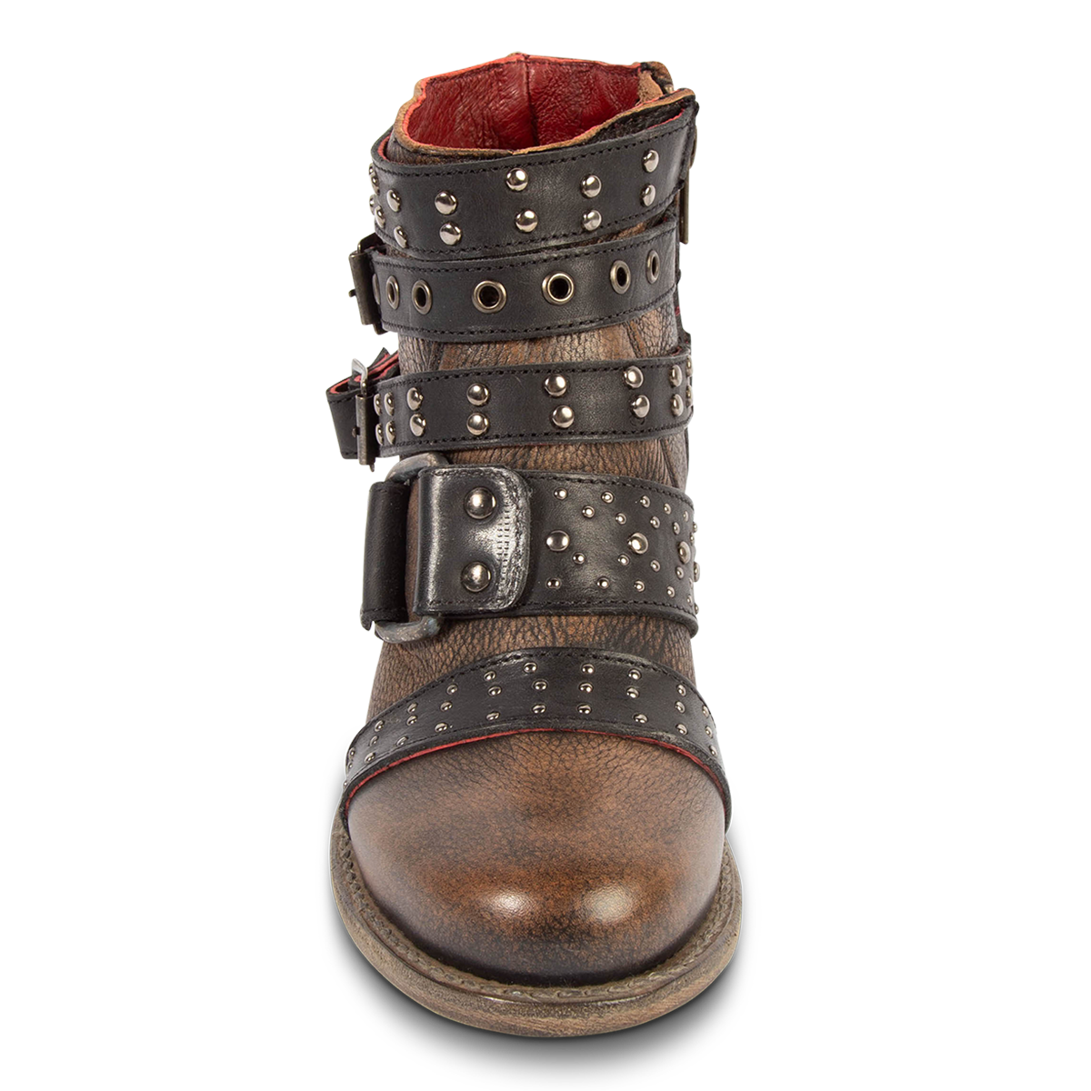 Front view showing embellished buckles on FREEBIRD women's Slayer black leather ankle bootie