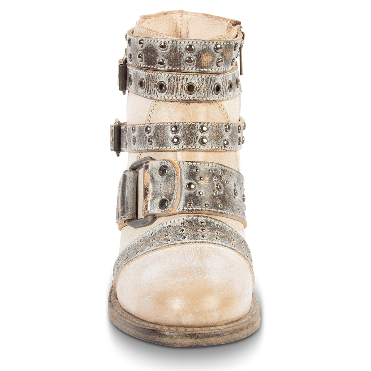 Front view showing embellished buckles on FREEBIRD women's Slayer ice-multi leather ankle bootie