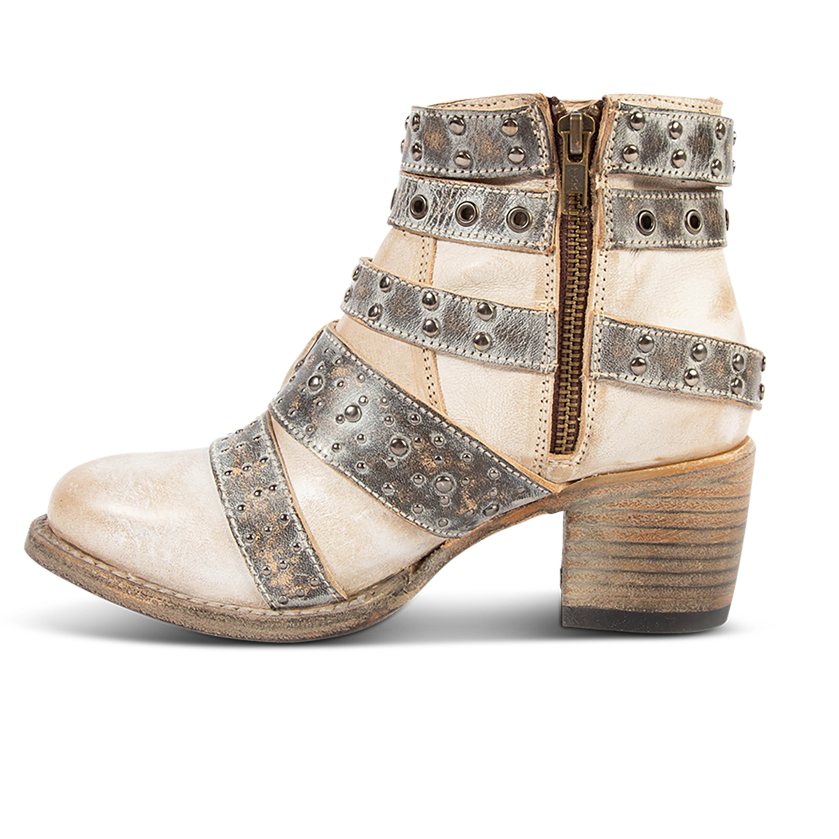Inside view showing zip closure on FREEBIRD women's Slayer ice-multi leather ankle bootie