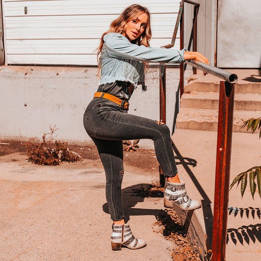 FREEBIRD women's Slayer ice-multi leather ankle bootie with inside zip closure and embellished buckle straps lifestyle