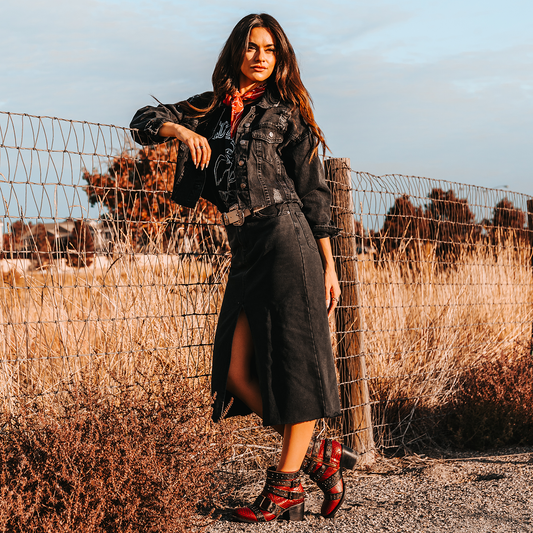 FREEBIRD women's Slayer red multi leather ankle bootie with inside zip closure and embellished buckle straps lifestyle