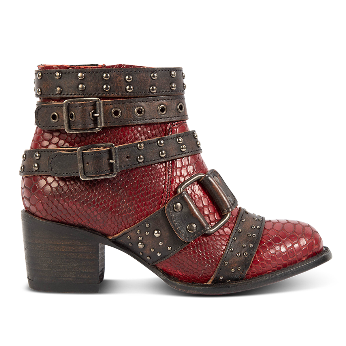 FREEBIRD women's Slayer red multi leather ankle bootie with inside zip closure and embellished buckle straps