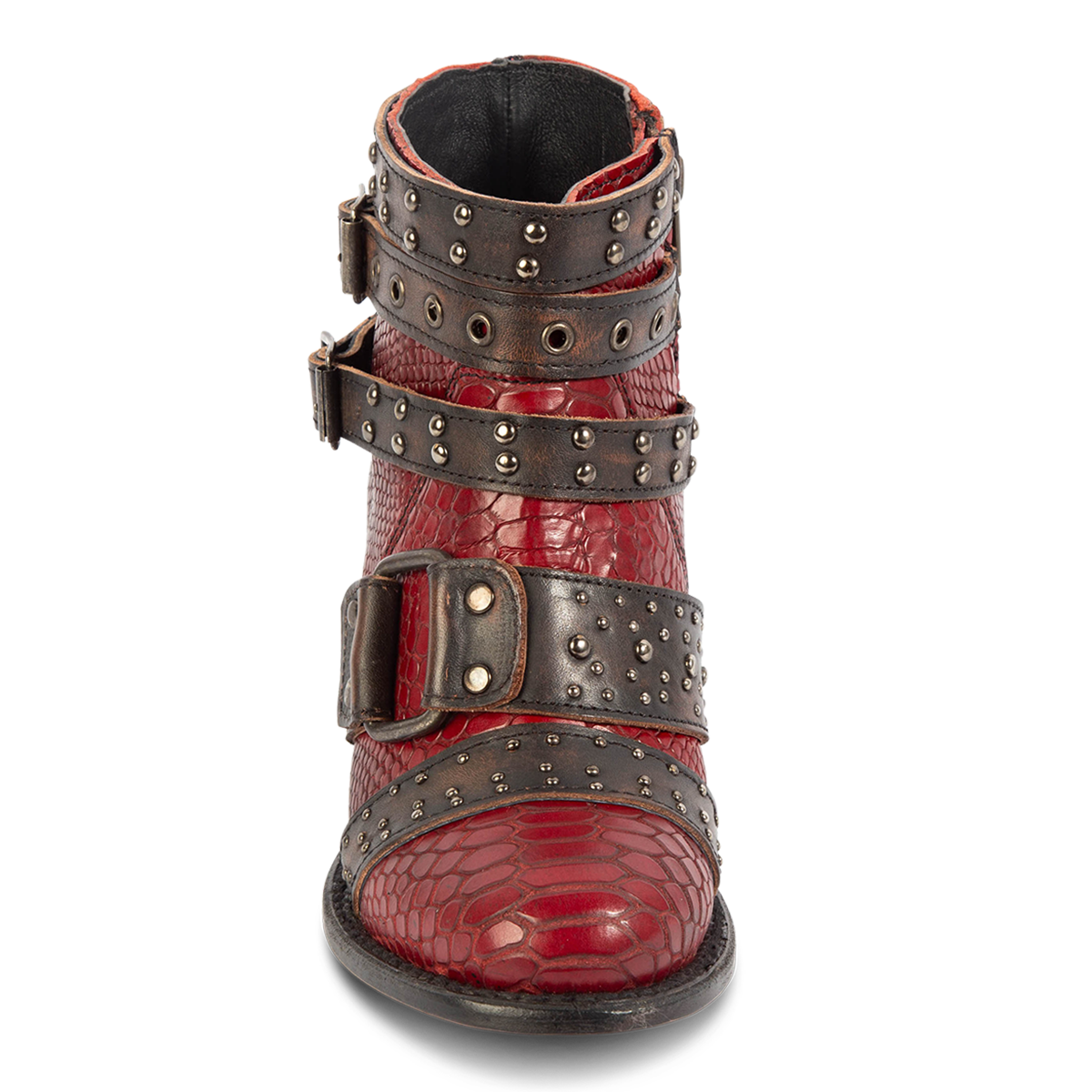 Front view showing embellished buckles on FREEBIRD women's Slayer red multi leather ankle bootie
