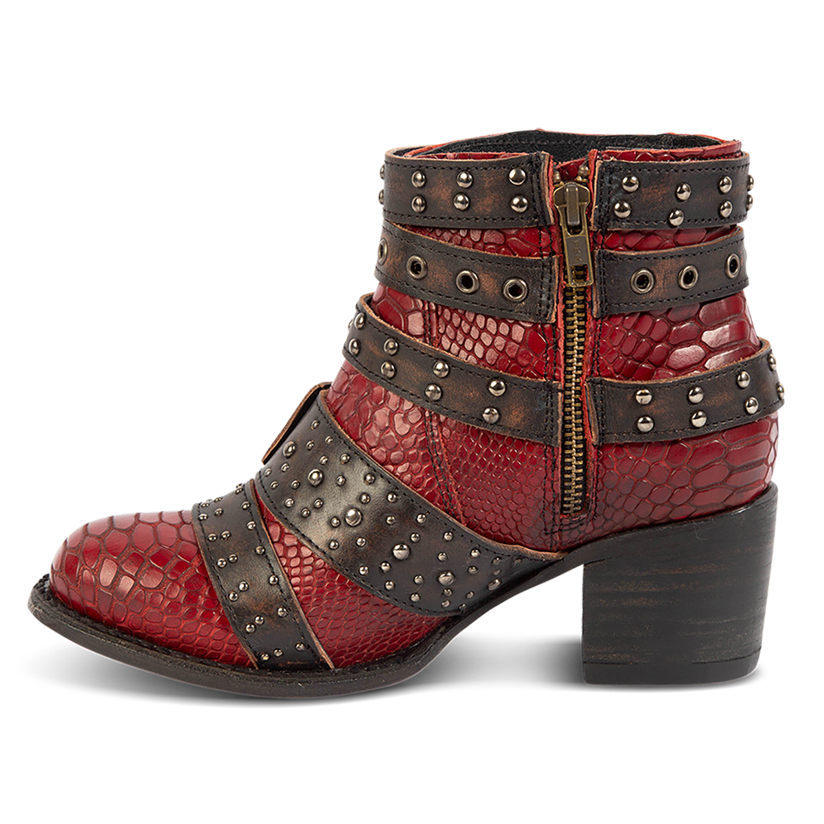 Inside view showing zip closure on FREEBIRD women's Slayer red multi leather ankle bootie