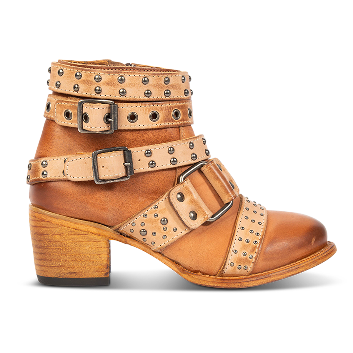 FREEBIRD women's Slayer tan multi leather ankle bootie with inside zip closure and embellished buckle straps