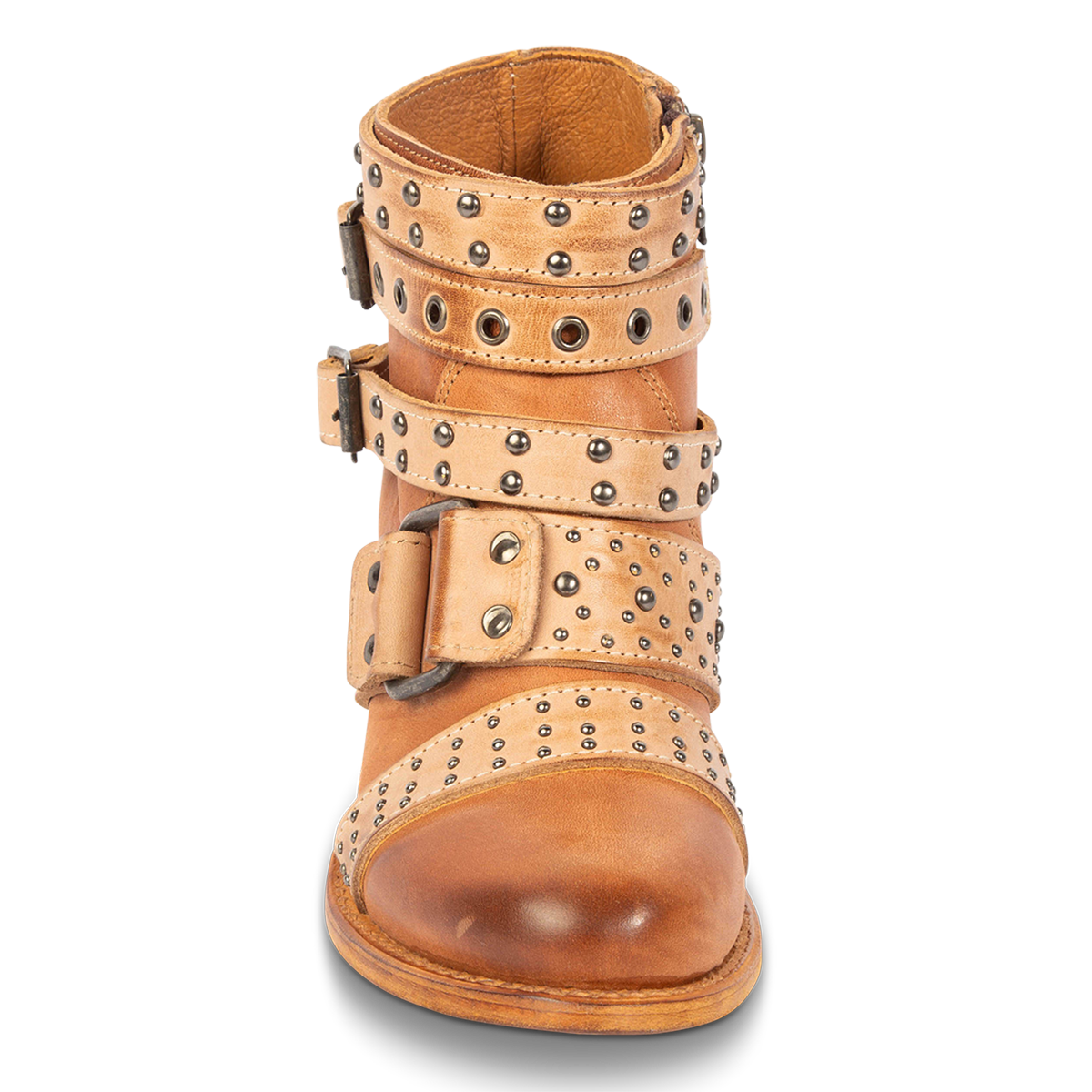 Front view showing embellished buckles on FREEBIRD women's Slayer tan multi leather ankle bootie