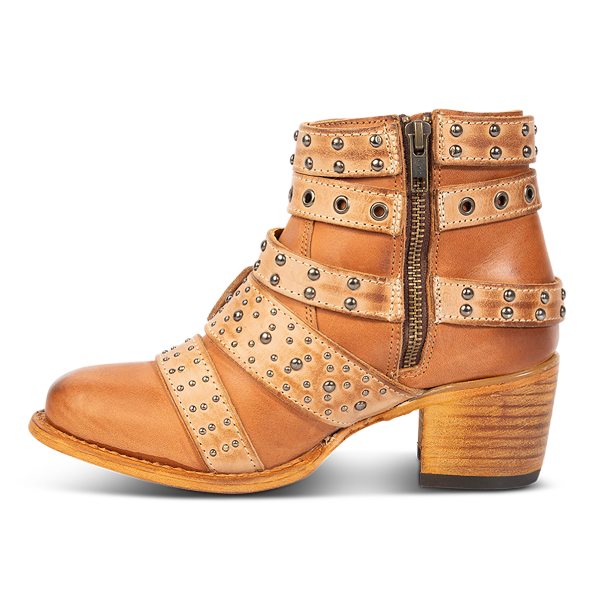 Inside view showing zip closure on FREEBIRD women's Slayer tan multi leather ankle bootie