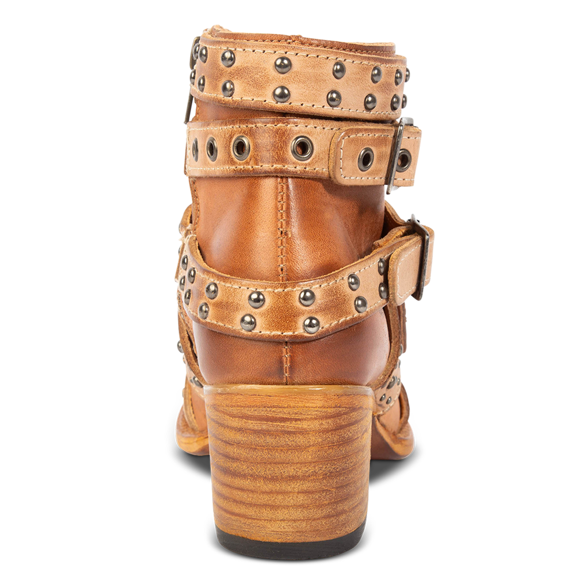 Back view showing block heel on FREEBIRD women's Slayer tan multi leather ankle bootie