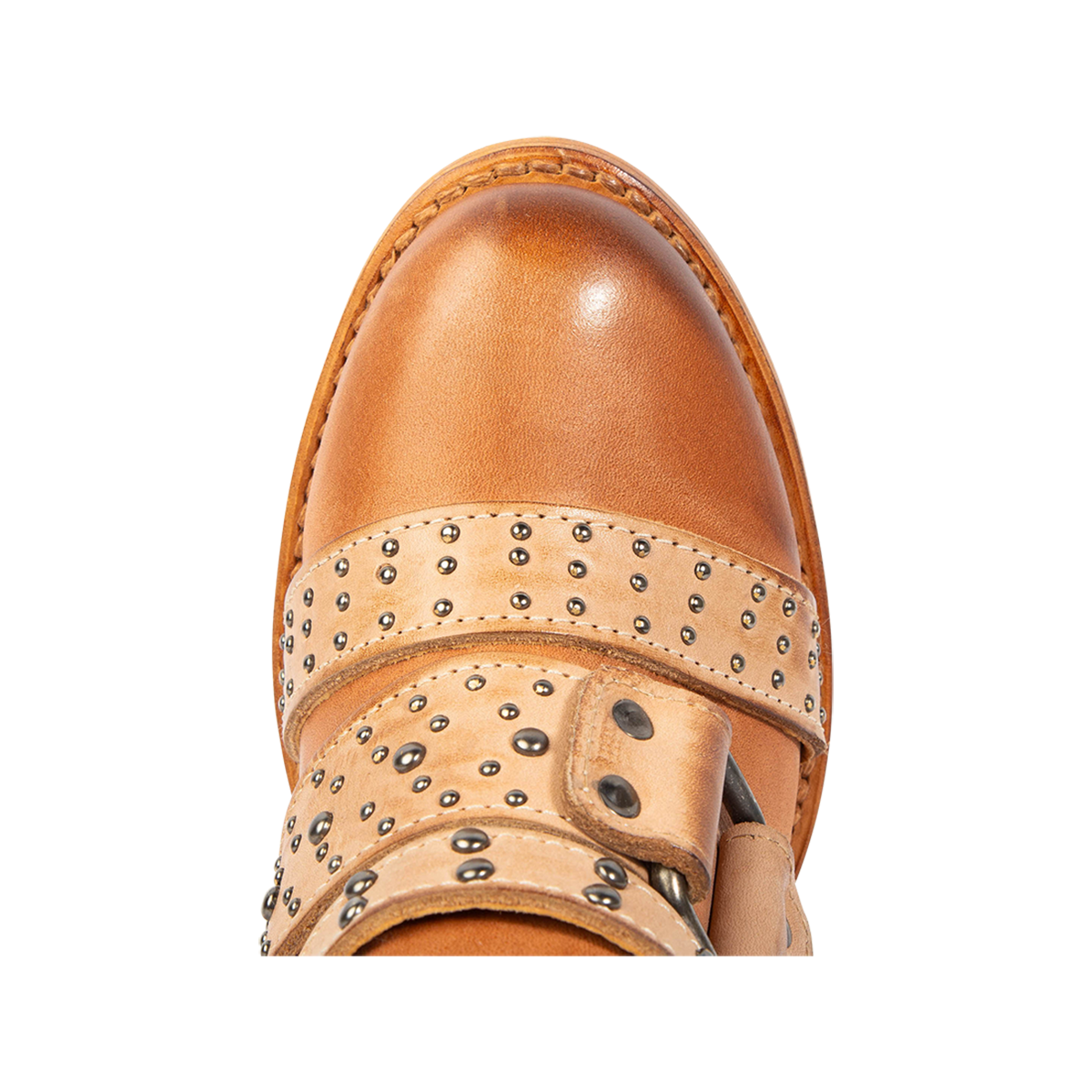 Top view showing round toe on FREEBIRD women's Slayer tan multi leather ankle bootie
