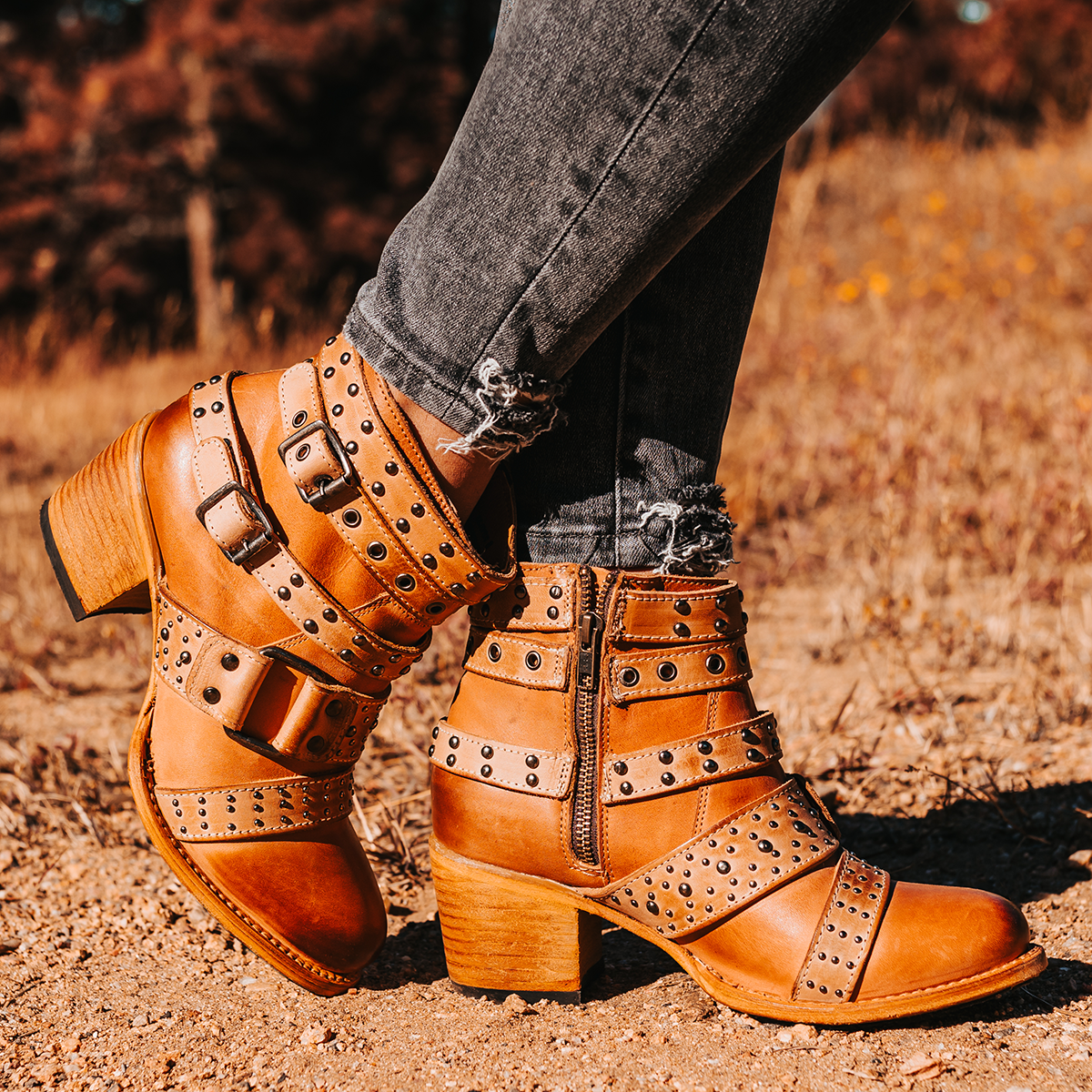 FREEBIRD women's Slayer tan multi leather ankle bootie with inside zip closure and embellished buckle straps