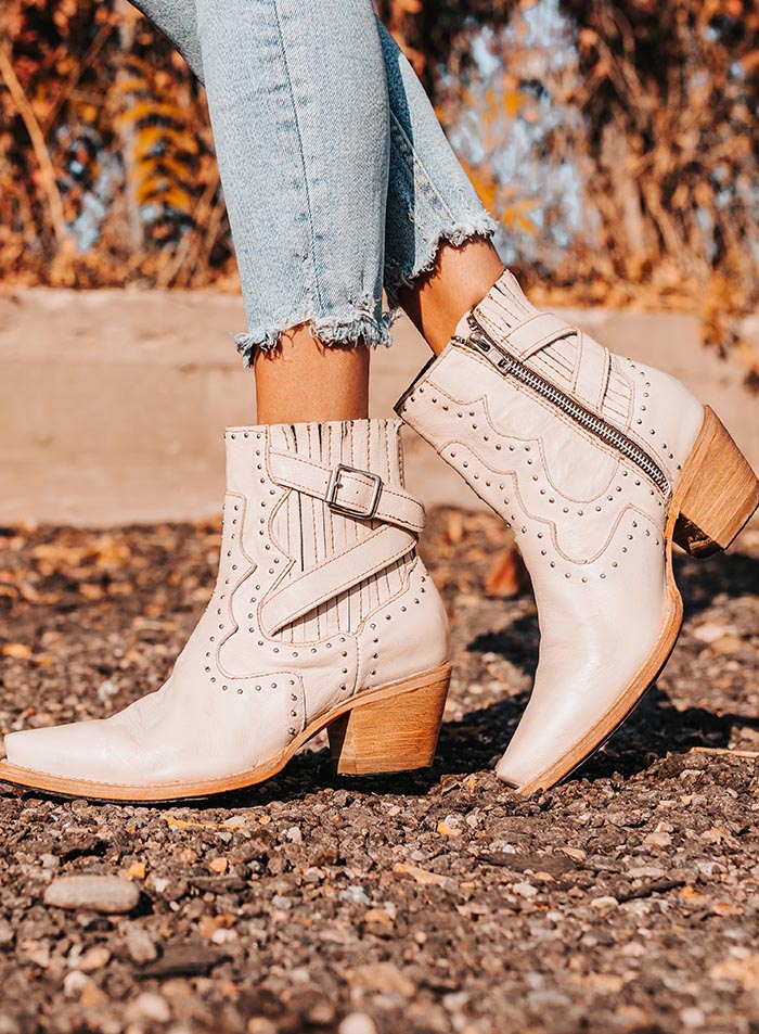 morgan western exclusive studded leather bootie beige